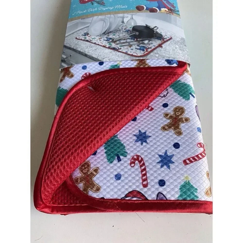 2 Pack Disney Stitch Christmas Dish Drying Mat Santa Hat‎ Gingerbread Candy Cane